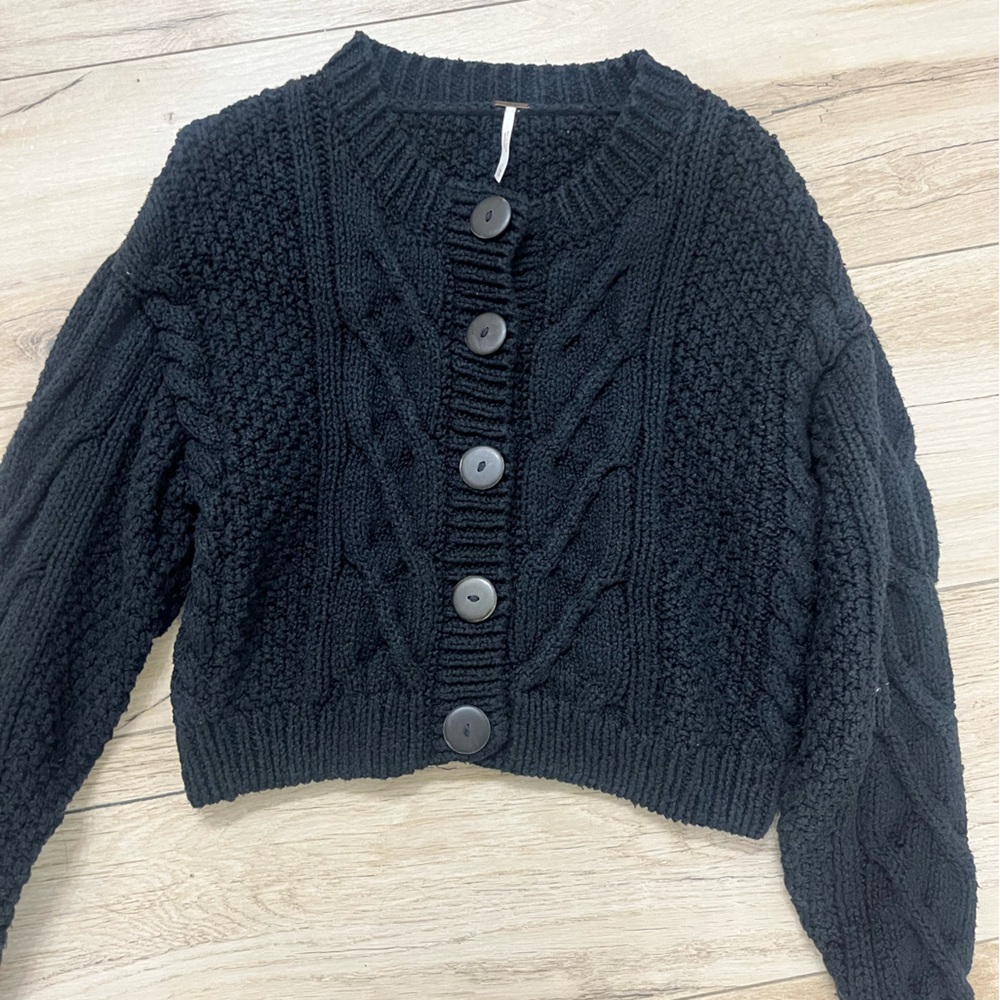Free People Black Cable Knit Button Front Cropped Cardigan